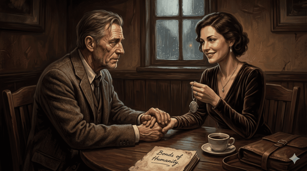 A dark, gritty digital painting in a film noir style showing an elderly investigator sitting at a wooden table in a dimly lit 1920s pub. He is holding hands with a comforting woman as they look at a silver locket, illustrating a grounding moment of human connection. On the table sits a weathered journal page with the handwritten words "Bonds of Humanity," a cup of black coffee, and a leather satchel. The scene uses warm, amber lamp lighting and heavy textures to contrast the psychological horror of Call of Cthulhu 7e Sanity.