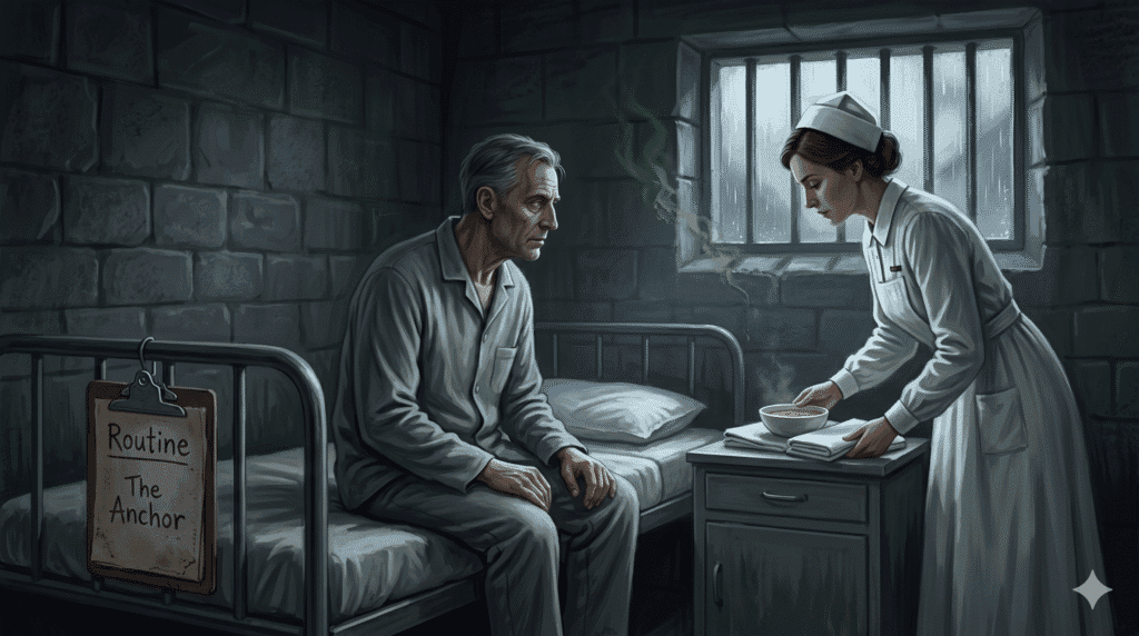 A somber digital painting in a gritty noir style depicting an investigator recovering in a stone-walled sanitarium room. The man sits on the edge of a simple cot as a nurse provides him with a warm bowl of soup and clean linens, representing the physical grounding techniques used to regain Call of Cthulhu 7e Sanity. A weathered clipboard hanging on the metal bed frame features the distressed handwritten words "Routine. The Anchor." The scene is lit by a high, barred window showing a cold, rainy night.