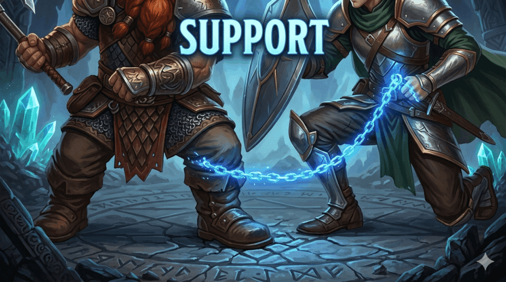 A close-up, low-angle shot focused tightly on the lower bodies of the Dwarf Barbarian and the Elf Fighter. The elf is crouched, reinforcing the dwarf's shield-bearing arm. The specific blue magical 'synergy chain' seen in the main image is visible, pulsing between them. The stone floor beneath them is slightly cracked from the braced pressure, with the word "SUPPORT" in glowing blue text above them.
