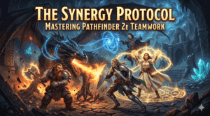 An action-packed, fantasy digital illustration featuring four diverse adventurers battling a colossal dragon within a dark, cavernous temple ruin. The adventurers demonstrate coordinated teamwork with glowing magical synergy. The image includes large, bold text at the top: "THE SYNERGY PROTOCOL" with the subtitle "MASTERING PATHFINDER 2E TEAMWORK".