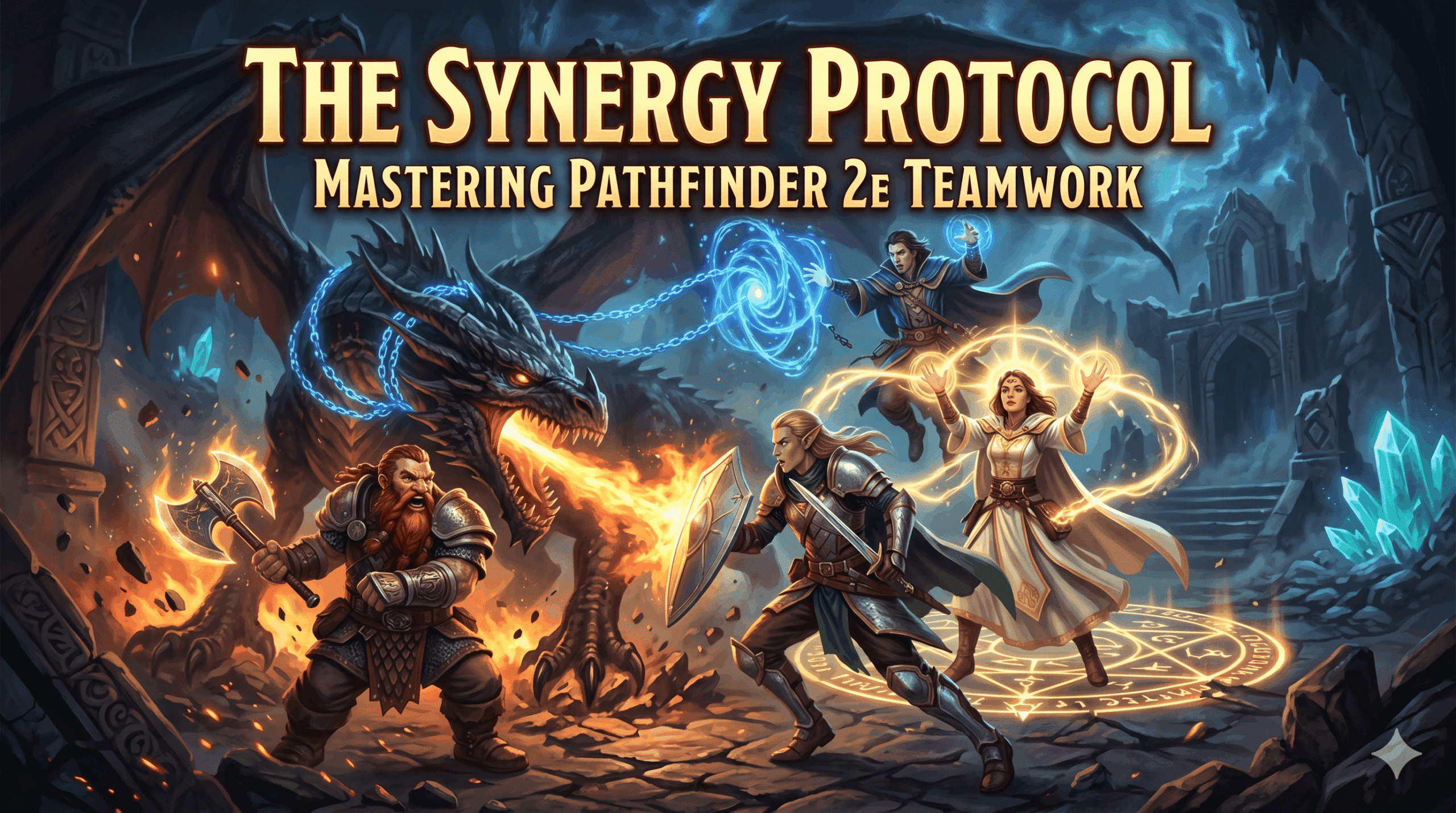 An action-packed, fantasy digital illustration featuring four diverse adventurers battling a colossal dragon within a dark, cavernous temple ruin. The adventurers demonstrate coordinated teamwork with glowing magical synergy. The image includes large, bold text at the top: "THE SYNERGY PROTOCOL" with the subtitle "MASTERING PATHFINDER 2E TEAMWORK".