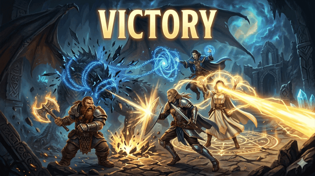 A dramatic, low-angle action tracking shot capturing all four adventurers moving in perfect synchronization, launching a powerful, merged final attack. The collapsing, defeated shadow dragon is visible in the background, dissolving into dark shards. Each adventurer's unique magic (axe glow, golden beam, blue chains) is visible but fused into a single overwhelming golden-blue force. Above the unified heroes, the large, bold word "VICTORY" glows brightly.