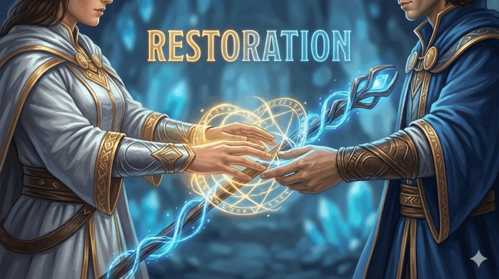 A softly lit, calm close-up shot focusing on the intertwined hands of the female Cleric and the male Wizard. The Cleric’s hands glow with warm golden energy, while the Wizard's hands are cool blue. Where they touch, the light meshes into complex geometric patterns. The background is a soft-focus bokeh of the crystalline cavern. The single word "RESTORATION" glows above their hands in blended gold and blue text.
