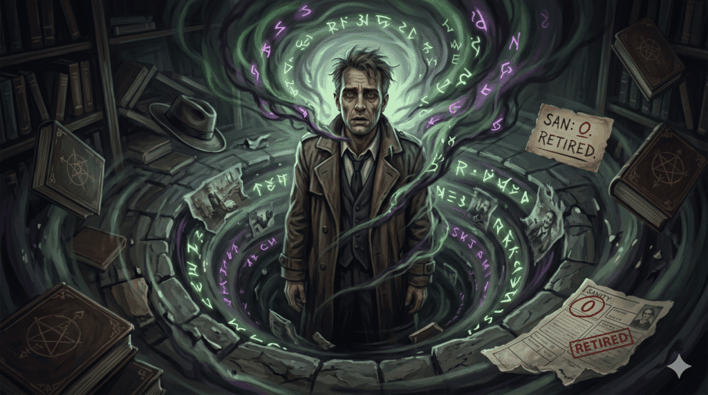 A dramatic digital painting in a dark, atmospheric style depicting a male investigator caught in a swirling magical vortex of green and purple eldritch energy. The floor beneath him and the surrounding library bookshelves are dissolving into a deep stone pit, representing the loss of all Call of Cthulhu 7e Sanity. Floating fragments of paper and a discarded fedora swirl in the air, including a blood-red card that reads "SAN: 0. RETIRED." The character's expression is one of total despair and mental collapse.
