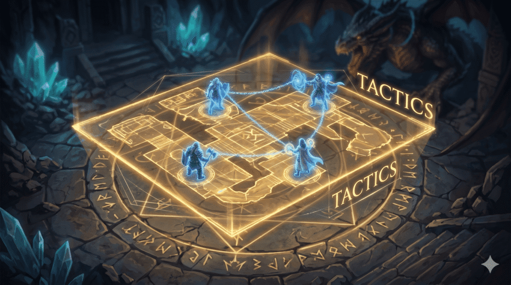 A high-angle, detailed tactical view of a glowing golden holographic map projected onto a dark, rune-carved cave floor. Miniature, spectral blue light figures representing the adventurers are positioned on the geometric grid, connected by pulsing blue 'synergy threads.' The atmosphere is focused and analytical, with the word "TACTICS" projected in golden font next to the map.
