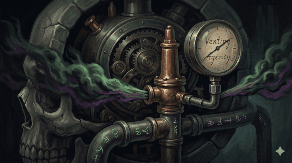 A dark, surreal digital painting in a gritty noir style depicting a mechanical brass pressure gauge and valve system integrated into a weathered stone skull. Thick plumes of green and purple eldritch smoke vent out of the pipes, representing the "Venting Agency" safety tool for managing Call of Cthulhu 7e Sanity. The pressure gauge features distressed handwriting that reads "Venting Agency," while the pipes are etched with glowing arcane runes. The background is a dark, textured void that matches the atmospheric aesthetic of the RPG Player Hub.