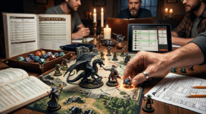 A close-up, dynamic view of a player rolling a d20 during a tactical tabletop RPG combat encounter with miniatures and a battle map.