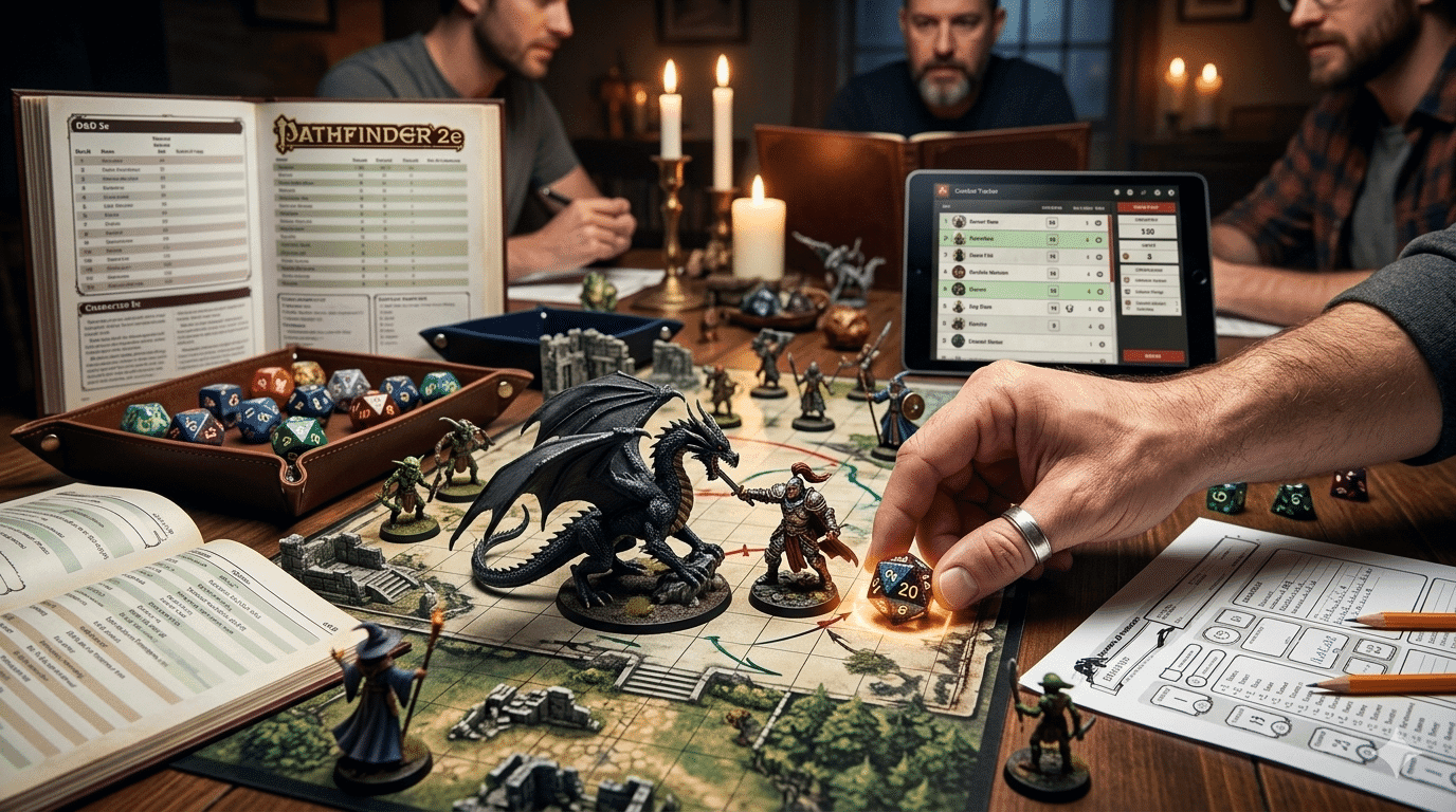 A close-up, dynamic view of a player rolling a d20 during a tactical tabletop RPG combat encounter with miniatures and a battle map.