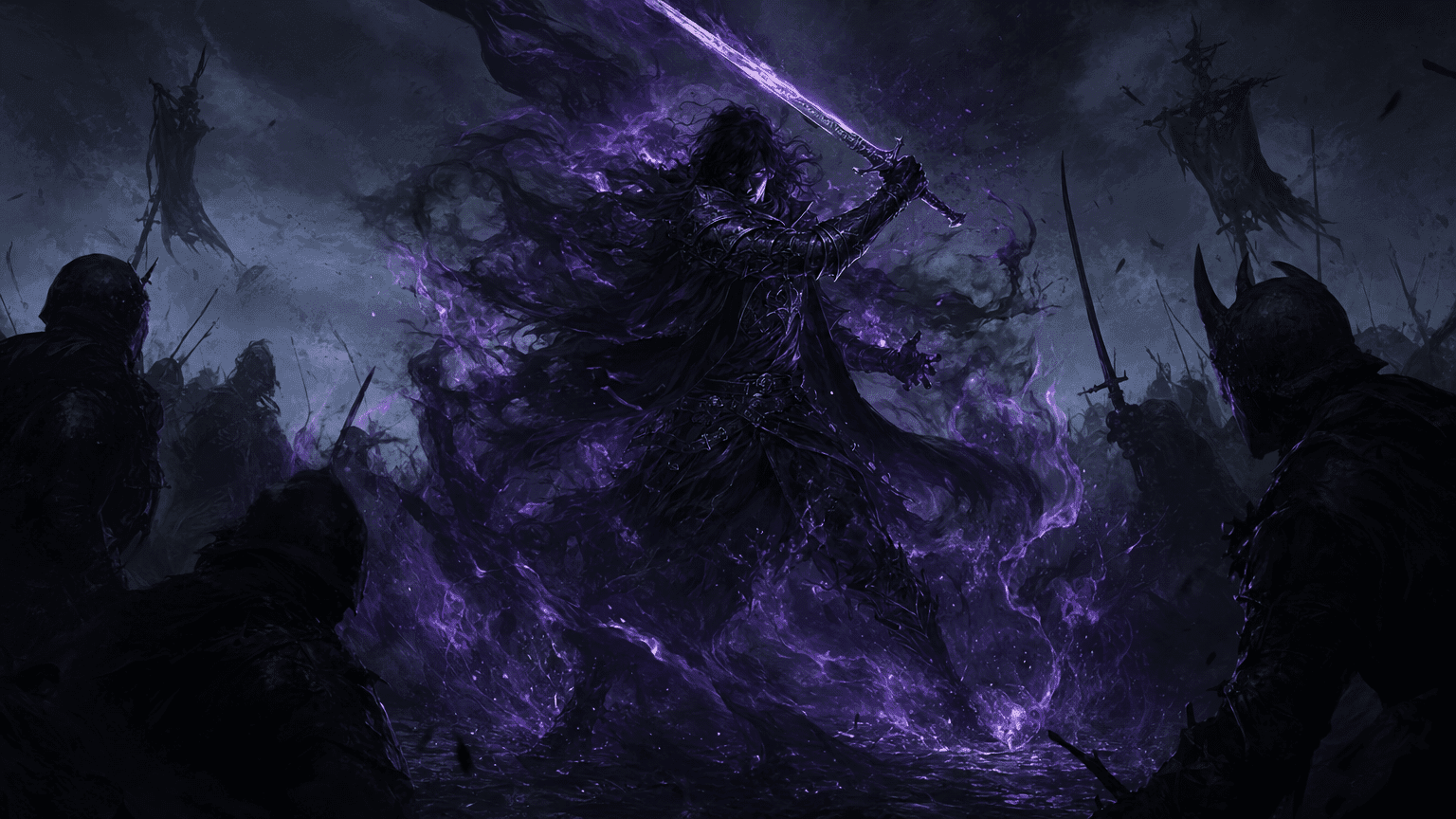 A Hexblade Warlock wreathed in Shadow of Moil dark flames, surrounded by enemies on a battlefield
