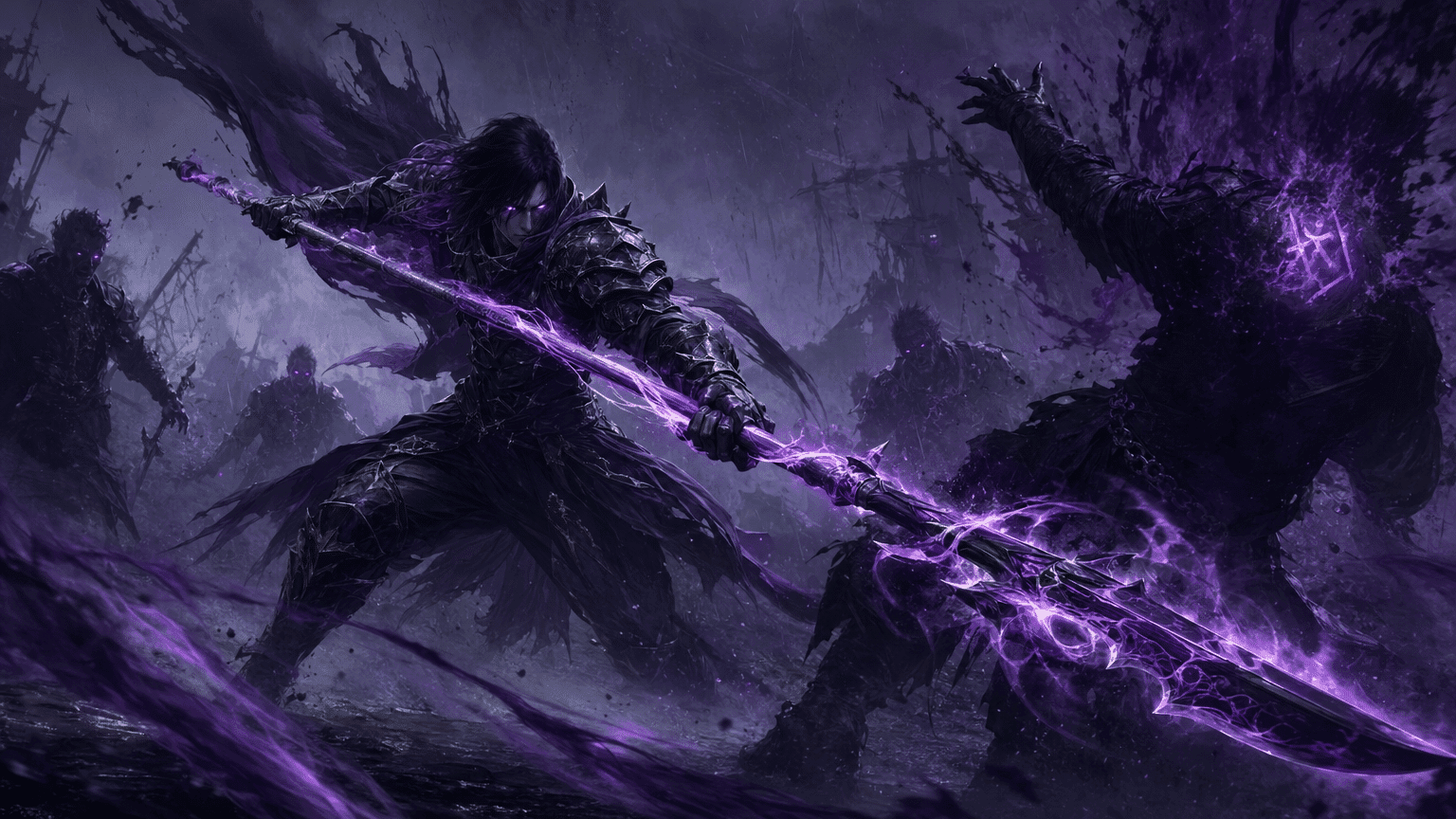A Hexblade Warlock executing a Great Weapon Master polearm strike against multiple enemies