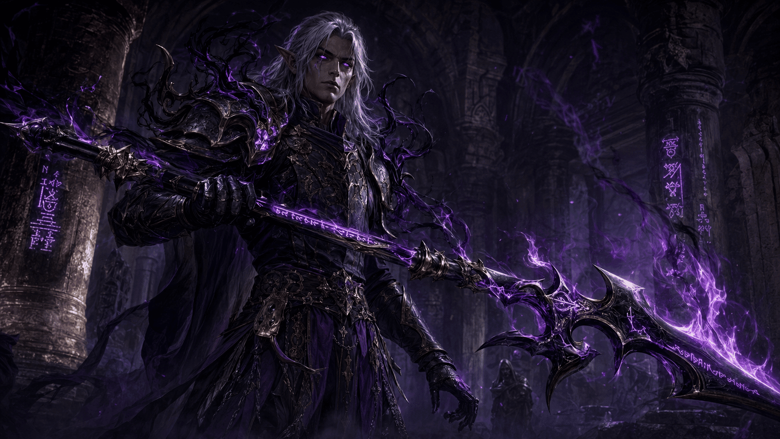 A Hexblade Warlock with silver hair and glowing violet eyes wielding an eldritch glaive in a dungeon