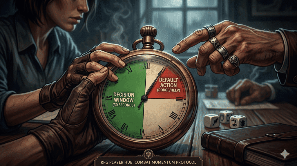 A gritty, noir-style cinematic close-up painting of a tight TTRPG table interaction focusing on a specialized brass pocket watch modified into a 'Combat Caller Shot Clock.' Its face displays a 'DECISION WINDOW (30 SECONDS)' green segment and a 'DEFAULT ACTION (DODGE/HELP)' red segment. The 'Combat Caller' (a player’s hand with distinctive rings) is making a 'pass the torch' hand gesture over the watch, directing attention. A focused player's partially gloved hand tenses over the watch. Out-of-focus background details include Star Wars FFG narrative dice (blanks and threat symbols visible) and a dark leather journal, reinforcing the complex table environment.