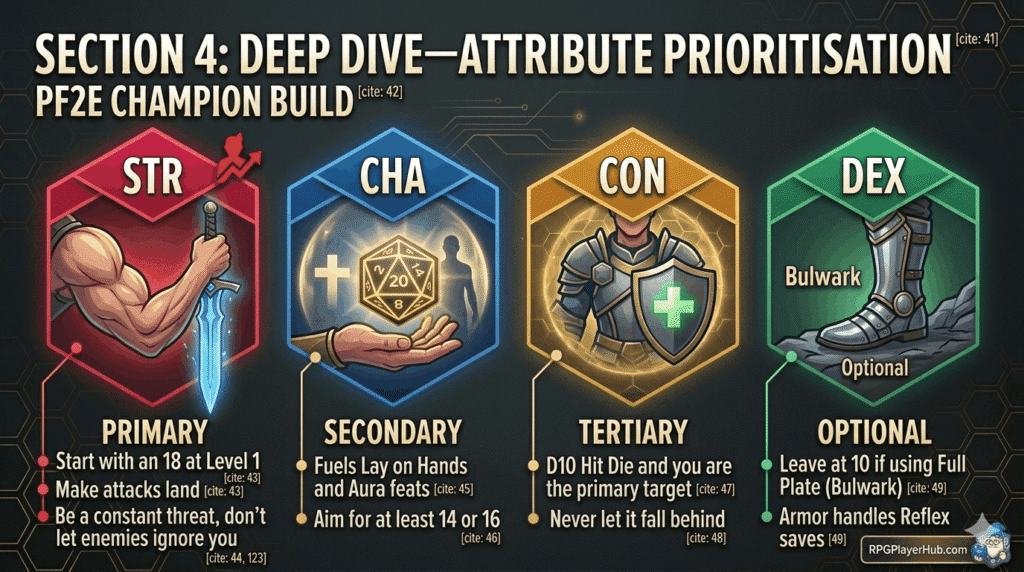 A detailed infographic in a high-quality illustrative style for a 'PF2e Champion Build' , presenting Section 4: Attribute Prioritisation. The graphic features four hexagonal columns with a dark grey background and subtle glowing gold geometric hex grids. Each column focuses on a prioritized attribute with distinct colors and icons:  STR (Strength - Primary): A crimson column shows a stylized arm, identical to the Champion, without a glove, holding a glowing blue greatsword. Text includes: 'PRIMARY', 'Start with an 18 at Level 1' , 'Make attacks land' , 'Be a constant threat'.  CHA (Charisma - Secondary): A deep blue column with a hand extending a large, glowing gold d20 within a human silhouette and protective glow. Text includes: 'SECONDARY', 'Fuels Lay on Hands and Aura feats' , 'Aim for at least 14 or 16'.  CON (Constitution - Tertiary): An amber column shows a stylized torso and shield with a green cross and a golden hex grid aura. Text includes: 'TERTIARY', 'D10 Hit Die and primary target' , 'Never let it fall behind'.  DEX (Dexterity - Optional): An emerald column with a full plate armored boot on stone with 'Bulwark' and 'Optional'. Text includes: 'OPTIONAL', 'Leave at 10 if using Full Plate (Bulwark)' , 'Armor handles Reflex saves'.
A small RPGPlayerHub.com gnome logo and text are in the bottom right corner, next to the red upwards arrow.