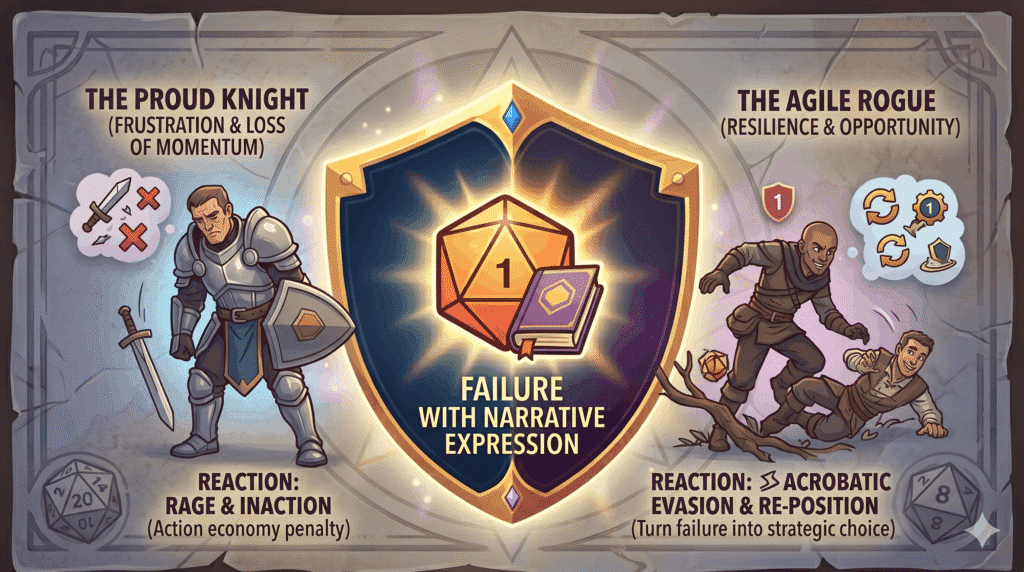 An infographic titled "FAILURE WITH NARRATIVE EXPRESSION" centred around a glowing d20 showing a "1" and a closed book. The image uses a split-screen layout to contrast two different character reactions to a mechanical failure:Left Side: "THE PROUD KNIGHT" (Frustration & Loss of Momentum): An armoured warrior looks dejected and slumped over, with icons above showing a broken sword and red "X" marks. The sub-caption reads, "REACTION: RAGE & INACTION (Action economy penalty)," illustrating a negative narrative response to a failed roll.Right Side: "THE AGILE ROGUE" (Resilience & Opportunity): A nimble character in leather armour is shown gracefully stumbling over a tree root but maintaining a smile, while a second panel shows them using the momentum to re-position. Above them are icons for a shield, turning gears, and circular arrows. The sub-caption reads, "REACTION: ACROBATIC EVASION & RE-POSITION (Turn failure into strategic choice)."The illustration style is clean, modern fantasy with a vibrant colour palette of gold, orange, and blue, set against a weathered stone background with faint polyhedral dice symbols in the corners.