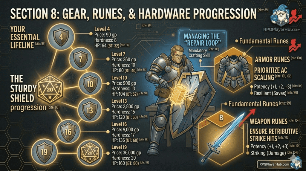 A detailed infographic titled 'SECTION 8: GEAR, RUNES, & HARDWARE PROGRESSION' for a PF2e Champion build. The graphic uses charcoal-grey, burnished gold, and deep blue RPGPlayerHub.com branding on a textured background with subtle glowing gold hex grids and circuit patterns. A human Champion (resembling the gnome logo) with full plate armor and glasses repairs a shield at a workbench, actively 'Managing the "Repair Loop"' . A holographic display notes: 'Mandatory Crafting Skill'. On the left, a prioritized list of six circular panels details 'THE STURDY SHIELD progression' from Minor (Level 4) to Supreme (Level 19), listing Level, Price, Hardness, and HP (BT) for each. The glowing gold wireframe d20 die from image_2.png is subtle in the background. On the right, two hexagonal panels with upward arrows list 'Fundamental Runes'. An 'ARMOR RUNES' hex callouts include: 'PRIORITIZE AC SCALING' , 'Potency (+1, +2, +3)' , and 'Resilient (Saves)'. A 'WEAPON RUNES' hex callouts detail: 'ENSURE RETRIBUTIVE STRIKE HITS' , 'Potency (+1, +2, +3)' , and 'Striking (Damage)'. The RPGPlayerHub.com gnome logo is in the bottom right with text.