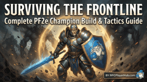 A cinematic, high-fantasy digital illustration for a 'PF2e Champion build' guide. Centered is a stout, bearded gnome warrior in ornate, heavy steel plate armor with gold trim and glowing blue runes. He holds a shimmering blue magical longsword and a large heater shield featuring a gnome mascot logo. He stands defiantly on a rocky battlefield, protected by a glowing golden aura. In the background, dark, shadowy monstrous figures loom through smoke and embers. Bold white text at the top reads 'SURVIVING THE FRONTLINE' with the subtitle 'Complete PF2e Champion Build & Tactics Guide.' A small branding watermark for 'RPGPlayerHub.com' is in the bottom right corner.