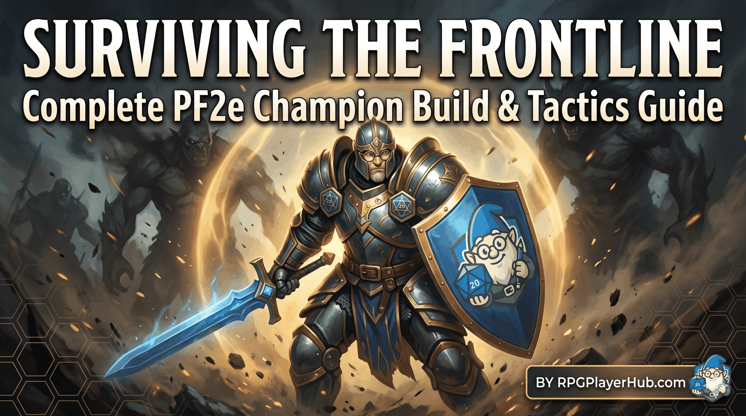 A cinematic, high-fantasy digital illustration for a 'PF2e Champion build' guide. Centered is a stout, bearded gnome warrior in ornate, heavy steel plate armor with gold trim and glowing blue runes. He holds a shimmering blue magical longsword and a large heater shield featuring a gnome mascot logo. He stands defiantly on a rocky battlefield, protected by a glowing golden aura. In the background, dark, shadowy monstrous figures loom through smoke and embers. Bold white text at the top reads 'SURVIVING THE FRONTLINE' with the subtitle 'Complete PF2e Champion Build & Tactics Guide.' A small branding watermark for 'RPGPlayerHub.com' is in the bottom right corner.