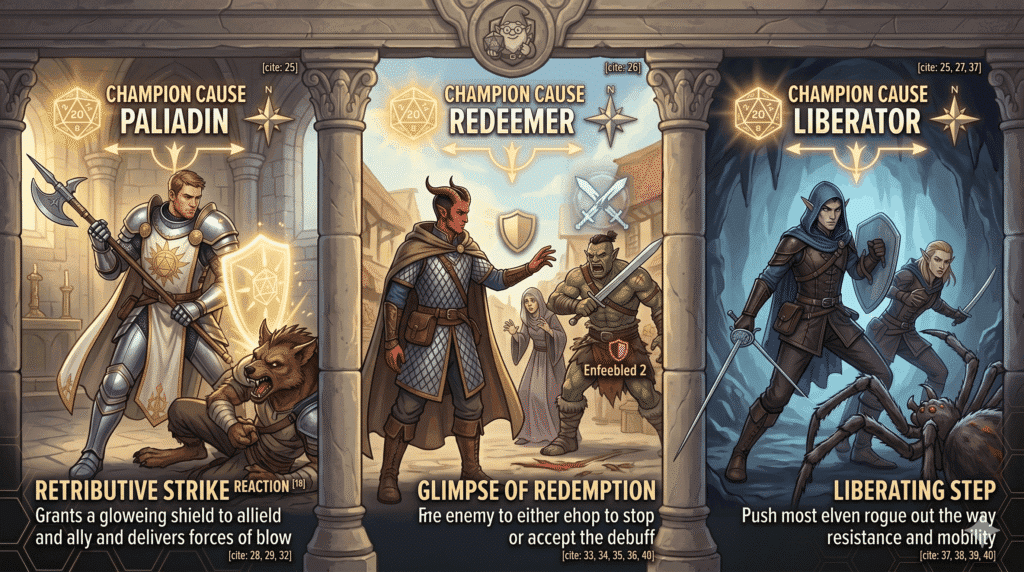 A three-panel heroic fantasy illustration titled 'Champion Causes'. Each section depicts a unique Champion type, separated by stone columns. A human Paladin with a halberd uses a glowing Retributive Strike reaction against a gnoll. A tiefling Redeemer and a Cleric of RPGPlayerHub.com use a Glimpse of Redemption, Enfeebling an orc to save a spellcaster. An elven Liberator uses a Liberating Step to push another elf rogue away from a spider's grab.