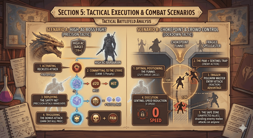 This image serves as an intricate, analytical diagram that visualizes how to apply the optimized build's high-level mechanics on the tactical grid. It breaks down the section into two side-by-side flowcharts/maps:SCENARIO A: HIGH-AC BOSS FIGHT (PRECISION TACTIC): This panel details how to use Reckless Attack for Advantage, apply the GWM -5 penalty, and then deploy the Precision Attack maneuver to convert near-misses into massive hits, complete with a mathematical analysis.SCENARIO B: CHOKEPOINT & CROWD CONTROL (LOCKDOWN TACTIC): This panel functions as a tactical map, illustrating optimal positioning to threatened a 25ft funnel, using Polearm Master for a reaction entry attack, and finally, using the Sentinel feat to reduce enemy movement to 0, effectively stranding them and creating a safe zone for allies.