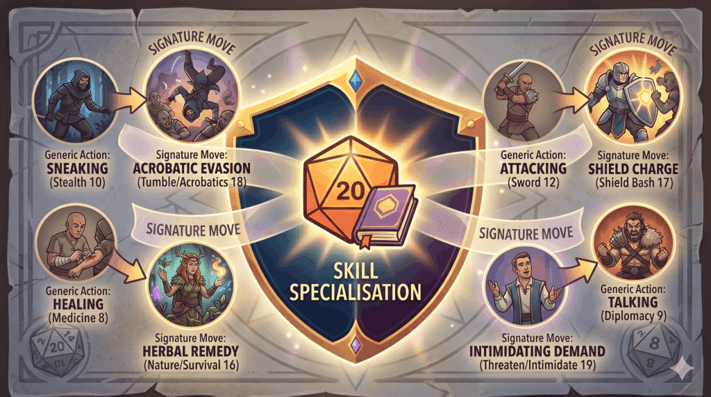 An infographic titled 'SKILL SPECIALISATION' set within a decorative shield and stone border, illustrating four examples of mechanical choices defining a character's "Signature Move." The central image is a d20 (natural 20) with a book and tools. The four surrounding examples are:Top Left: 'Generic Action: SNEAKING' (Stealth DC 10) contrasts with the specialised 'Signature Move: ACROBATIC EVASION' (Tumble/Acrobatics DC 18, Rogue icon) showing a character flipping through enemies.Top Right: 'Generic Action: ATTACKING' (Sword DC 12) contrasts with 'Signature Move: SHIELD CHARGE' (Shield Bash DC 17, Fighter/Champion icon) showing a warrior in plate leading with their shield.Bottom Left: 'Generic Action: HEALING' (Medicine DC 8) contrasts with 'Signature Move: HERBAL REMEDY' (Nature/Survival DC 16, Druid icon) showing a character with magical plants.Bottom Right: 'Generic Action: TALKING' (Diplomacy DC 9) contrasts with 'Signature Move: INTIMIDATING DEMAND' (Threaten/Intimidate DC 19, Barbarian icon) showing a imposing figure shouting.The style is modern fantasy illustration, using rich colors like gold, purple, and vibrant orange, consistent with the main featured image and previous examples. The background is a weathered stone pattern with subtle glowing polyhedral dice.