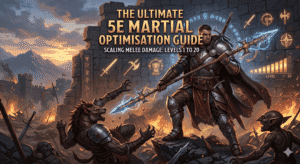 A fantasy illustration depicting an armored warrior with a glowing polearm fighting a werewolf and a goblin amidst mountain ruins, serving as the featured image for 'The Ultimate 5e Martial Optimisation Guide'.