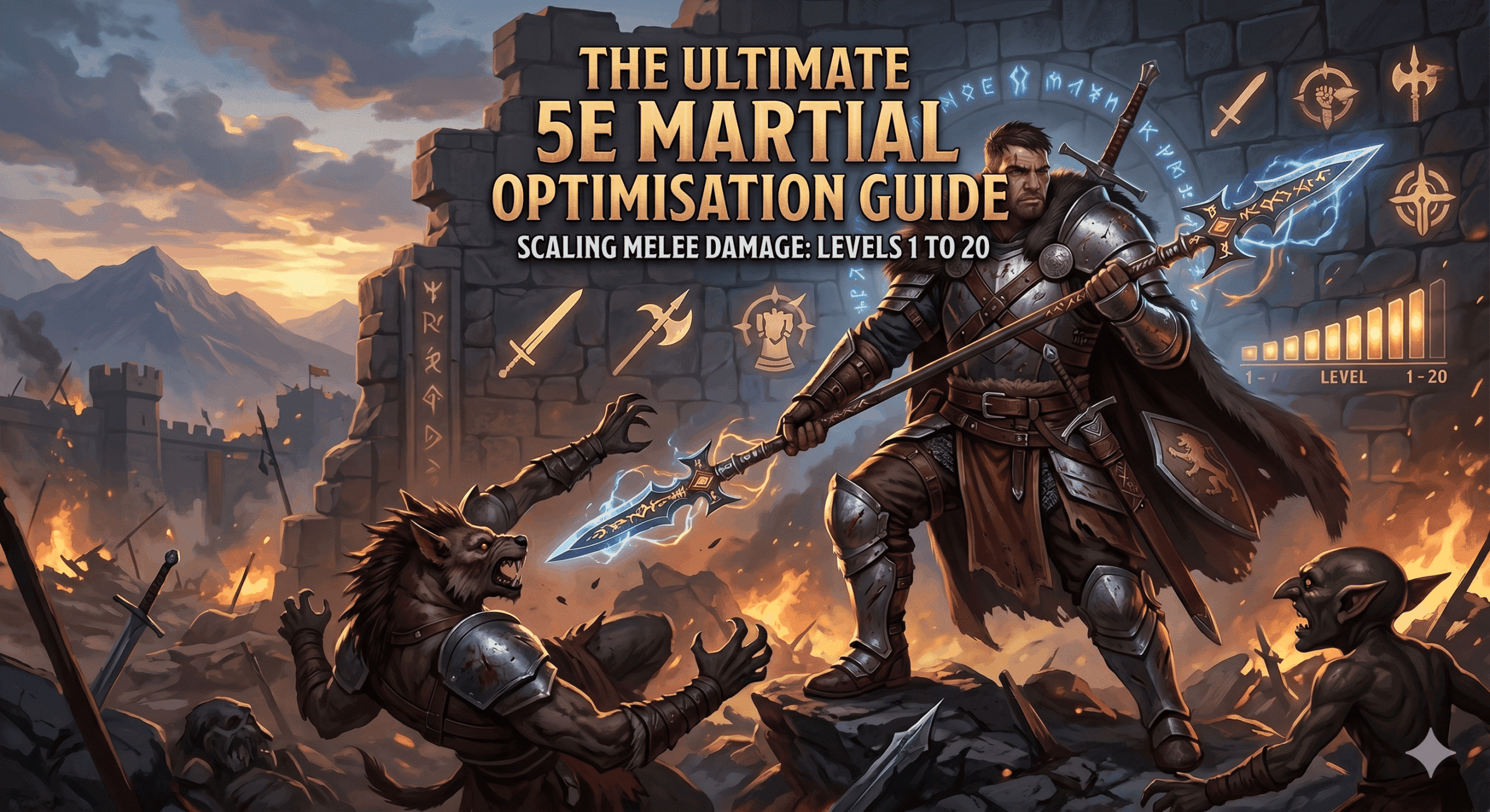 A fantasy illustration depicting an armored warrior with a glowing polearm fighting a werewolf and a goblin amidst mountain ruins, serving as the featured image for 'The Ultimate 5e Martial Optimisation Guide'.