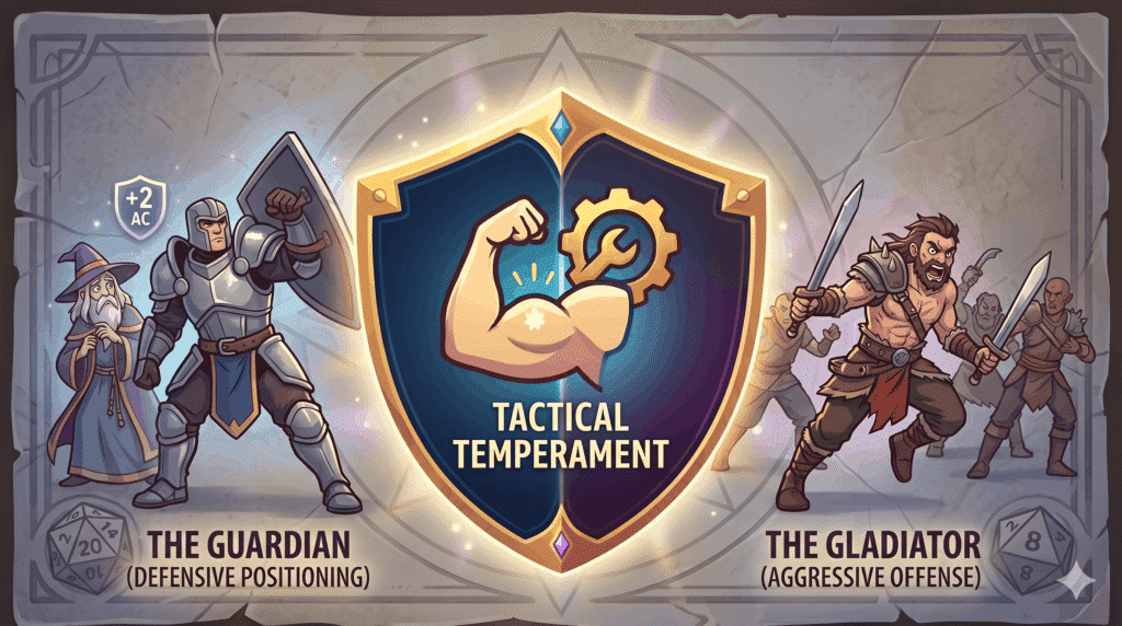 A comparative infographic illustration showing how 'Tactical Temperament' is expressed on a grid. A vertical split contrasts two playstyles. The left, labeled 'The Guardian', shows a stoic armored warrior with a raised shield protecting a wizard, with icons for +2 AC and defensive positioning. The right, labeled 'The Gladiator', shows a ferocious dual-wielding fighter charging recklessly into a group of goblins, leaving allies behind. The art style is clean and graphical, with rich fantasy colours and a subtly textured stone background, similar to the main featured image.
