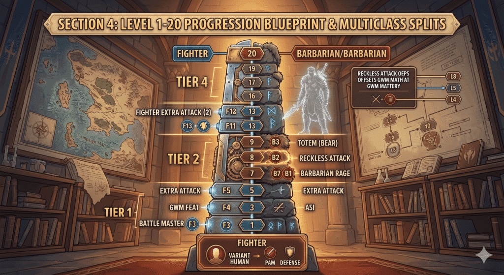 This image serves as a visual schematic for the optimal Fighter/Barbarian path described in the guide. Set within the familiar grand armory, it features a massive, detailed vertical timeline monument constructed of fused materials: polished steel and clockwork components (Fighter path) and rugged stone with glowing runes (Barbarian path).