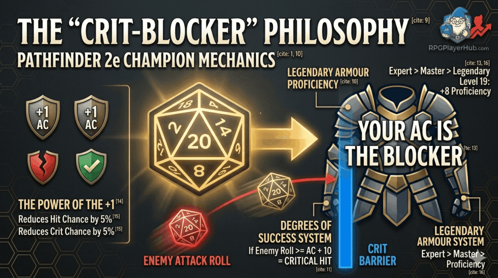 A tactical breakdown infographic titled 'THE "CRIT-BLOCKER" PHILOSOPHY' for 'PF2e Champion Mechanics'. The graphic uses charcoal-grey, burnished gold, and deep blue RPGPlayerHub.com branding. A large, detailed gold wireframe d20 from image_2.png casts intense warm light. An arrow points from the d20 to stylized, segmented full plate armor labeled 'YOUR AC IS THE BLOCKER'. Callouts detail: 'LEGENDARY ARMOUR PROFICIENCY' (Expert > Master > Legendary ), 'Level 19: +8 Proficiency' , 'DEGREES OF SUCCESS SYSTEM' ('If Enemy Roll >= AC + 10 = CRITICAL HIT' ). A thick, solid blue 'CRIT BARRIER' wall protects the armor from a dynamic red arc (traced by rolling 'ENEMY ATTACK ROLL' dice). On the far left, small shields show: '+1 AC' icons, a broken red shield (Crit), and a green checkmark shield (Hit), with a summary text: 'THE POWER OF THE +1' ('Reduces Hit Chance by 5%' , 'Reduces Crit Chance by 5%' ). The dark grey background features subtle, glowing gold geometric hex grids and circuit patterns. The RPGPlayerHub.com gnome logo and text are in the bottom right corner with the red upwards arrow.