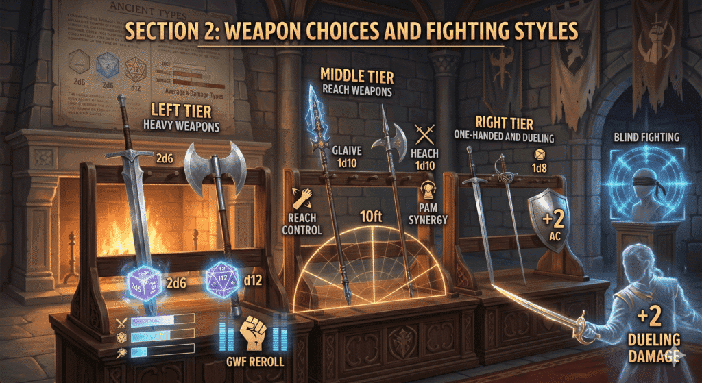 An informational graphic titled 'SECTION 2: WEAPON CHOICES AND FIGHTING STYLES' is presented against a backdrop of a medieval castle interior with a large fireplace, stone walls, tattered banners, and ancient diagrams. From left to right, the section breaks down weapon options into three tiers:The 'LEFT TIER' features illustrations of two large melee weapons: a greatsword and a greataxe, labeled with damage dice '2d6', '2d6', and 'd12' and the point 'HEAVY WEAPONS'. Below the weapons, technical visualizations include glowing blue and purple dice showing '2d6' and 'd12', respectively, and data bars under the label 'GWF REROLL'.The 'MIDDLE TIER' features two polearms, labeled as a 'GLAIVE' and possibly 'HEACH' or 'HEAVY' with multiple '1d10' damage indicators. This section includes points for 'REACH WEAPONS', 'REACH CONTROL' illustrated by a closed hand icon, a distance graphic for '10ft' range, and a point for 'PAM SYNERGY' illustrated by an eye icon with a lightning bolt symbol.The 'RIGHT TIER' features illustrations of two longswords or fencing swords, labeled with '1d8' damage dice and the point 'ONE-HANDED AND DUELING'. Next to the swords, a stylized shield is labeled '+2 AC'. Farther to the right, illustrations show a character's glowing profile, including the point 'BLIND FIGHTING' and '+2 DUELING DAMAGE' with glowing eye and distance indicator visualizations.