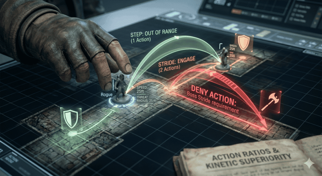 Pathfinder 2e player guide.  A high-angle, technical visualization of a dynamic battle map (crossroads dungeon). This image abandons the previous noir mood of image_12.png for crisp, analytical laboratory lighting. The scene focuses on the detailed miniature map, overlayed with advanced glowing data projections. The weathered fingerless glove hand of the player seen in the main featured image is poised, guiding a single rogue miniature. Complex arcing flow lines illustrate kinetic paths: a green arc is labeled 'STEP: OUT OF RANGE (1 Action)'; an orange arc is 'STRIDE: ENGAGE (2 Actions)'; and a key blinking red vector path is labeled 'DENY ACTION: Boss Stride requirement'. Position icons and legible numerical pips (Speed 25ft, Threat Radius) hover over strategic points, defining Action Ratios and Kinetic Superiority. The background is a clean analytical blur.