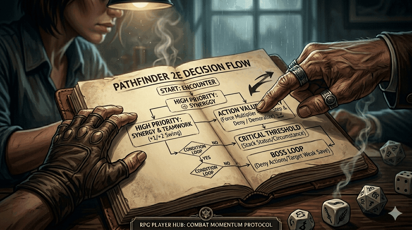 A gritty, noir-style cinematic illustration, acting as the featured image for 'The Path to Mastery: A Complete Pathfinder 2e Player's Strategy Guide.' It focuses on a detailed, hand-drawn 'Pathfinder 2e Decision Flow' branching decision tree diagram in an open aged leather journal. The flowchart nodes are legible, reading 'START: ENCOUNTER,' 'HIGH PRIORITY: SYNERGY & TEAMWORK (+1/+2 Swing),' 'ACTION VALUE THEORY (Force Multiplier - Step & Deny / Demoralize),' 'CRITICAL THRESHOLD (Stack Status/Circumstance),' and 'BOSS LOOP (Deny Actions/Target Weak Save).' Cooperative hands from image_0.png—the fingerless glove hand and the heavily-ringed 'Combat Caller' hand—are interacting and pointing along the strategic branches, emphasizing collaborative analytical thought against a dimly lit background with rain on a window. A subtle 'RPG PLAYER HUB' seal is at the bottom.