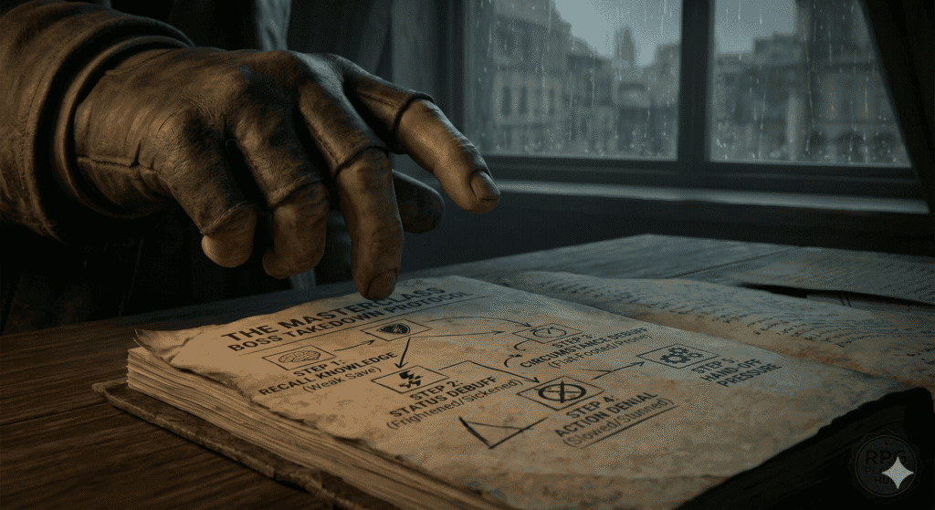 Pathfinder 2e player guide.  A tight, dimly lit cinematic close-up in the chiaroscuro noir style established in image_0.png. The scene focuses on the aged, heavily-ringed hand of the 'Combat Caller' (the right hand figure from the main featured image). This hand is making a deliberate 'pathing' motion, pointing an index finger at a new open section of the weathered leather journal seen in image_8.png. On the journal page, a hand-drawn, branching 'Decision Tree' flowchart titled 'THE MASTERCLASS BOSS TAKEDOWN PROTOCOL' is visible in dark ink. The flowchart nodes are labeled with specific tactics: 'STEP 1: RECALL KNOWLEDGE (Weak Save)', 'STEP 2: STATUS DEBUFF (Frightened/Sickened)', 'STEP 3: CIRCUMSTANCE DEBUFF (Flat-Footed/Prone)', 'STEP 4: ACTION DENIAL (Slowed/Stunned)', and 'STEP 5: HAND-OFF PRESSURE'. Small conceptual icons are integrated into the flowchart boxes. Rain streaks down the same blurred windowpane from the main featured image, reinforcing the high-stakes atmosphere. The composition emphasizes technical calculation and intense focus. Deep, contrasting shadows dominate.