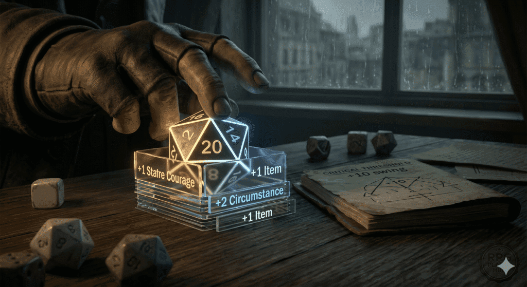 Pathfinder 2e player guide.  A gritty, dimly lit cinematic close-up in the chiaroscuro noir style established in image_0.png. The weathered, fingerless-gloved hand of the player seen in the main featured image is positioned over a glowing polyhedral d20. Beneath the d20 is an illuminated stack of transparent acrylic modifier cards, clearly displaying '+1 Status,' '+2 Circumstance,' and '+1 Item.' A dynamic low-angle composition highlights how these modifiers stack to engineers a math 'swing.' Adjacent, a weathered leather journal (similar to image_8.png) is open to a page showing a hand-drawn diagram titled 'CRITICAL THRESHOLD: +10 swing.' Polyhedral dice, including narrative blanks and threats, are subtly blurred in the foreground, reinforcing the methodical discipline of the tactical calculation. Deep, deep shadows dominate the rain-streaked background.