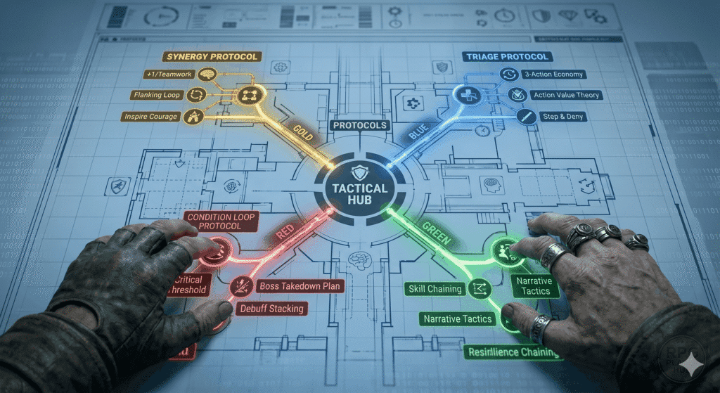 Pathfinder 2e player guide.  A top-down, analytical data visualization of a large, complex, architectural blueprint integrated with glowing data streams. This visualization replaces the previous TTRPG table setting seen in image_16.png. The entire battlefield grid from image_0.png is transformed into a structured blueprint. At the center, a stylized 'TACTICAL HUB' node acts as the core. Radiating from this central hub are four distinct, color-coded energy conduits labeled 'PROTOCOLS,' terminating at specific cluster nodes with legible labels: GOLD: 'SYNERGY PROTOCOL' (+1/Teamwork, Flanking Loop); BLUE: 'TRIAGE PROTOCOL' (3-Action Economy, Action Value Theory); RED: 'CONDITION LOOP PROTOCOL' (Critical Threshold, Boss Takedown Plan, Debuff Stacking); GREEN: 'INVESTIGATIVE RESILIENCE' (Skill Chaining, Narrative Tactics, Resilience Chaining). Both the weathered fingerless glove hand and the aged, heavily-ringed 'Combat Caller' hand from image_0.png are present, positioned on opposite sides of the TACTICAL HUB, making precise pathing gestures along the GOLD and GREEN conduits. Faint scrolling binary code and schematic icons cover the blueprint, emphasizing a structured, analytical approach. The overall impression is one of complex data networking rather than atmospheric play.